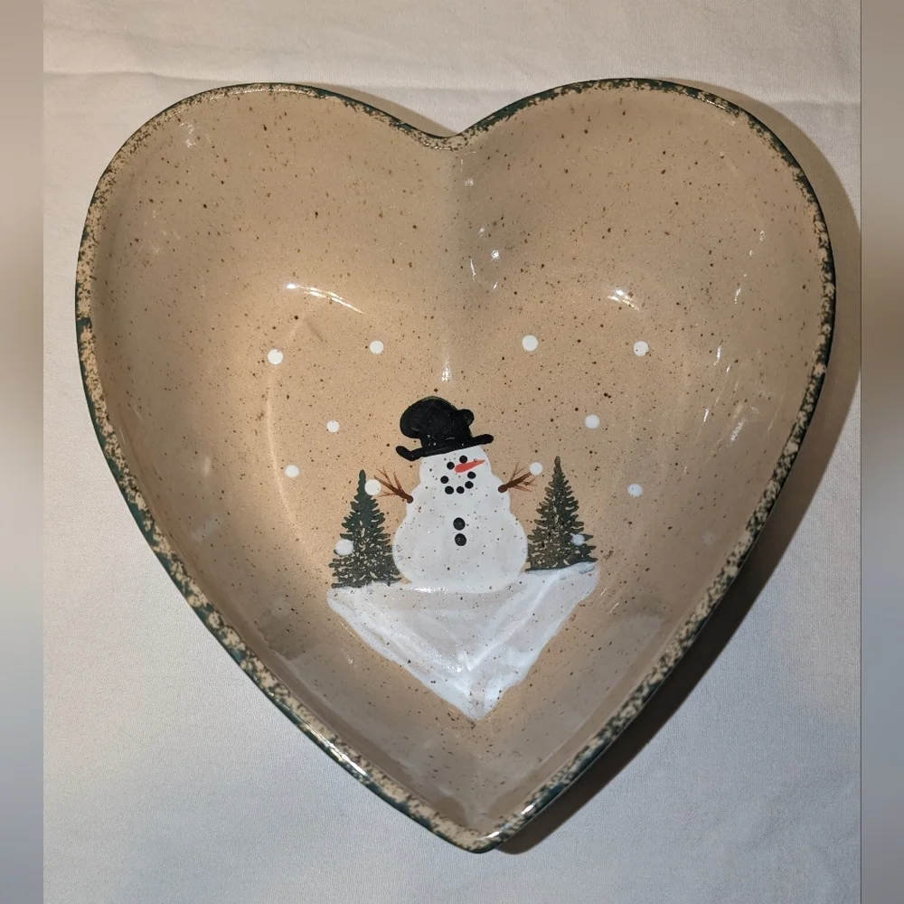 VTG Three Rivers Pottery Winter Heart Shaped Bowl with Cottagecore Snowman